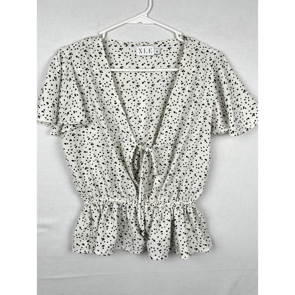 XLE Polka Dot Peplum Blouse Womens XS Tie Front Flutter Sleeve White Black
